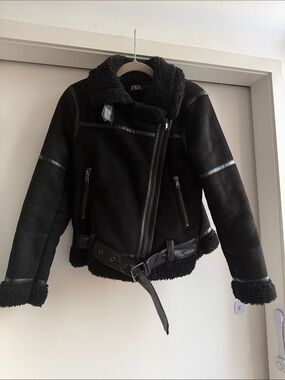 Zara Black Shearling-Trim Biker Jacket